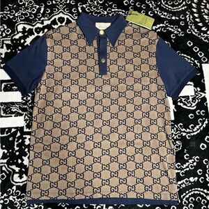 Gucci Blue and Brown Patterned Polo Shirt